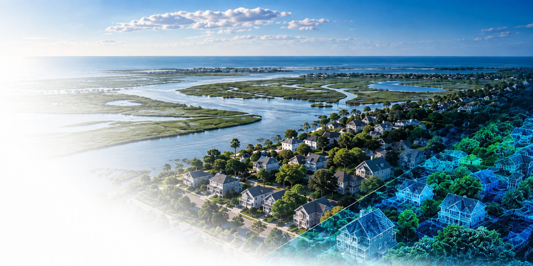 Aerial view of coastal wetlands and a shoreline community