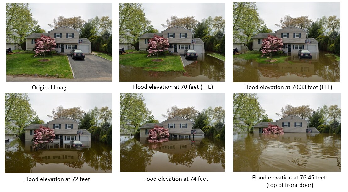 The same house rendered at six different flood depths, from 0.5 ft to 10 ft