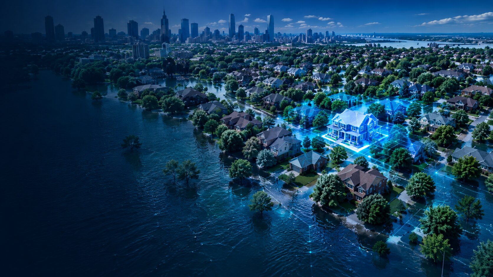 A flooded neighborhood at night with one building modelled in 3D and its risk indicators highlighted