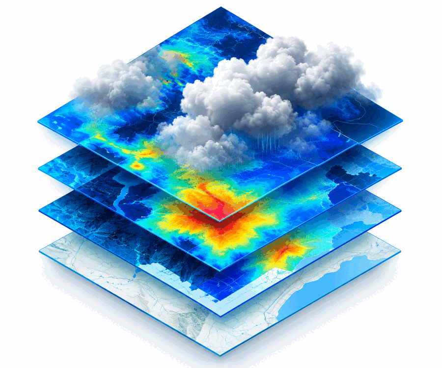 A rain cloud above stacked model layers showing predicted flood intensity