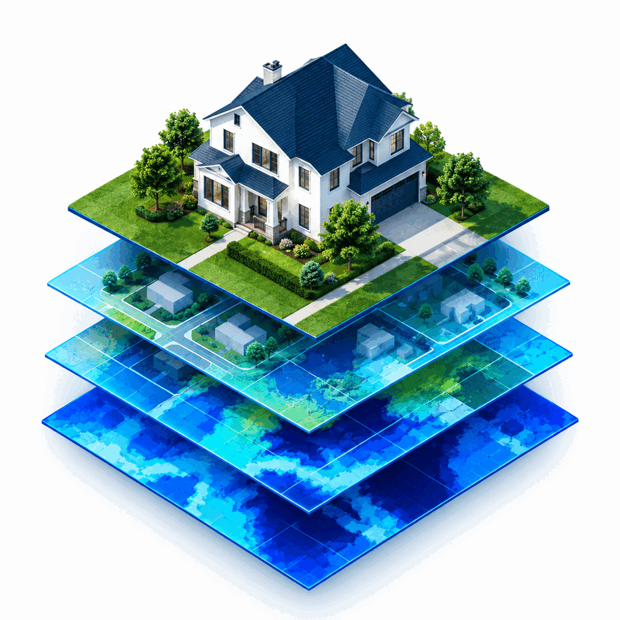 A house above stacked layers labelled buildings, people, infrastructure, agriculture and environment