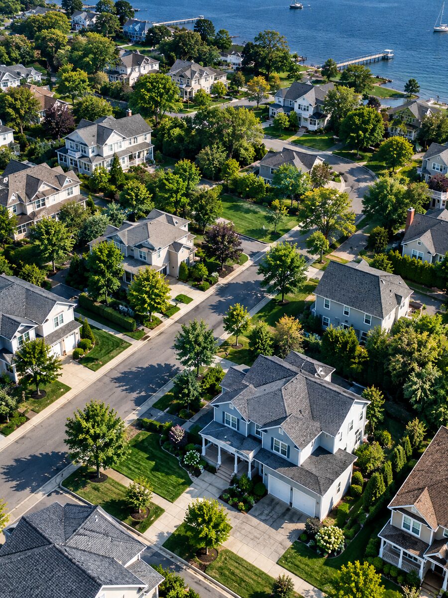 Aerial view of a residential neighborhood