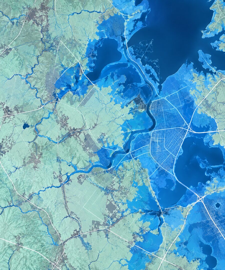 A flood model rendering showing water depth across a watershed