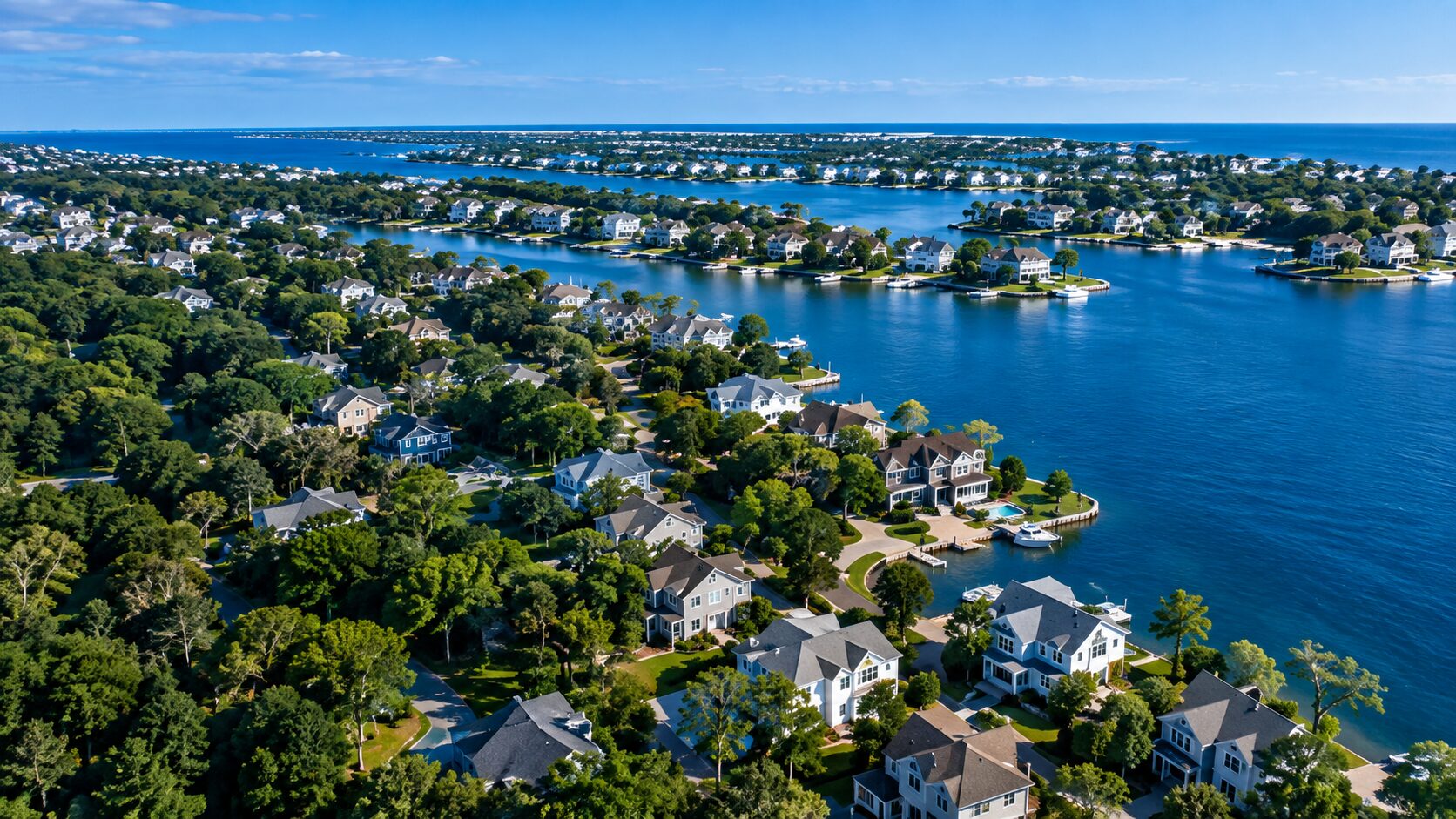 Aerial view of a coastal community at the shoreline
